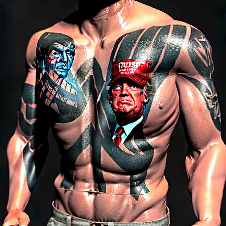 a tough guy with a trump tattoo on chest