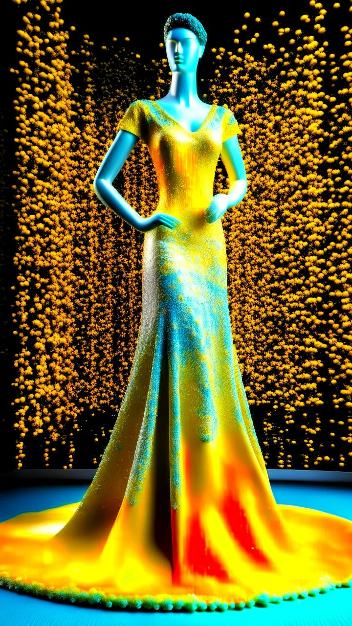 A mannequin wearing a dress, Philippines national custome dress inspired by jasmine flower, sampaguita, Philippines national flower, jasmine flower dress, jasmine flower, white jasmine flower, dress displayed on mannequin, beautiful, very beautiful dress, fantasy dress, magical dress, elegant, full body, full body frame, ultra realistic, aesthetic, yellow and white pastel color, sequins, bedding, made of crystal, sexy, magical, fantasy, ethereal, sparkly, glowing, glittery dress, artistic style