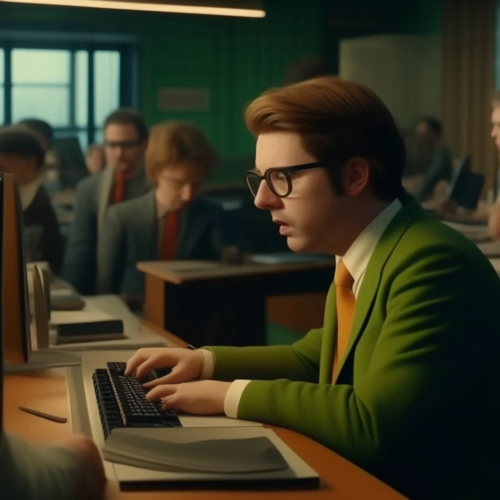 Developer working, photo, dramatic cool modern office 4k. closeup. crowded. wes anderson.