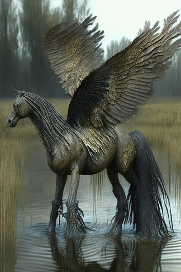 Swamp winged horse ,realistic, intricate