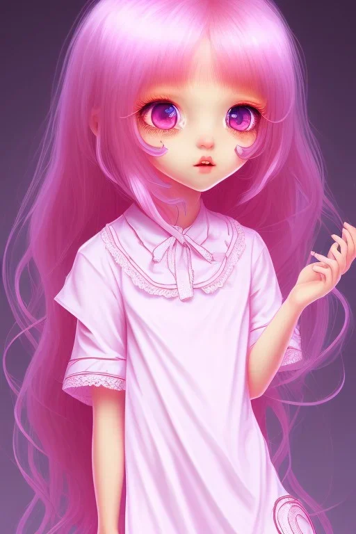 Loli wearing long nightgown, hands behind back, wholesome, innocent, long pink hair, tilted head