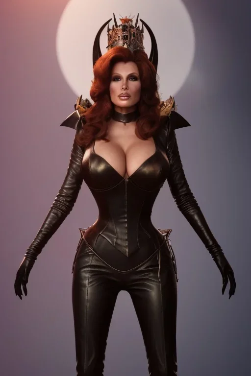 Raquel Welch as evil queen in black leather, leather, busty, cleavage, angry, stern look. character design by cory loftis, fenghua zhong, ryohei hase, ismail inceoglu and ruan jia. unreal engine 5, artistic lighting, highly detailed, photorealistic, fantasy