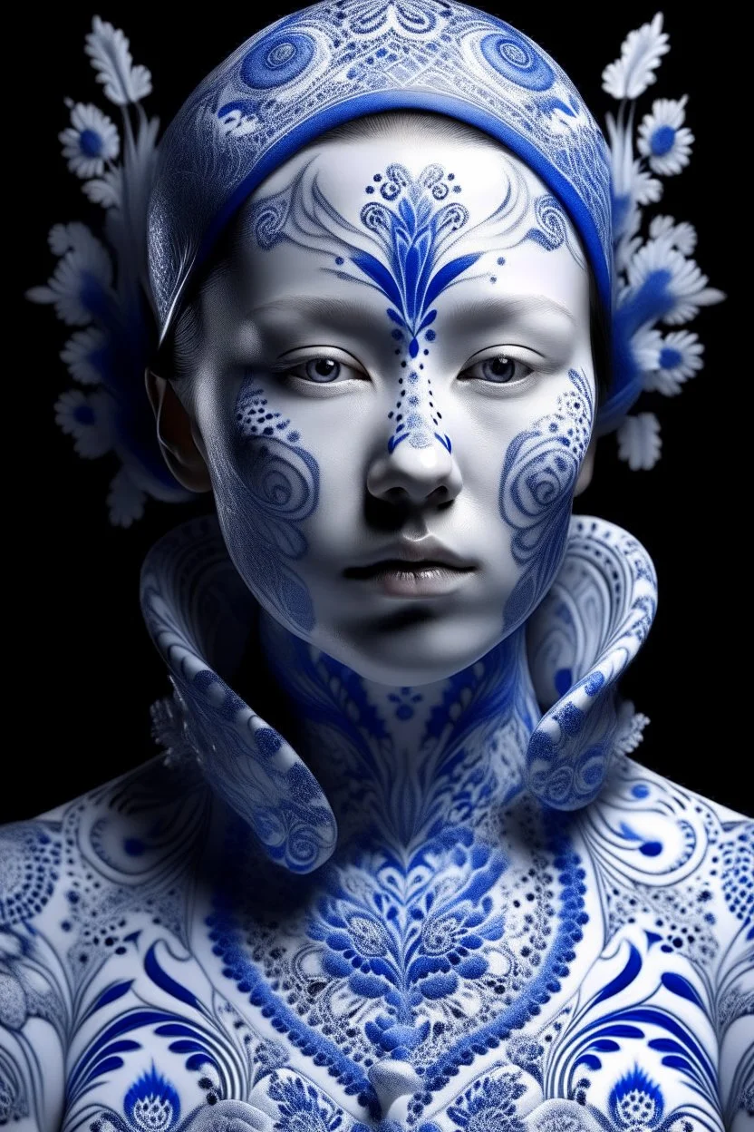 a woman made out of porcelain, in the style of balanced symmetry, white and blue, detailed facial features, organic forms, meticulous portraiture, complex patterns --ar 1:2 --stylize 350 --c 2 --v 6. 0