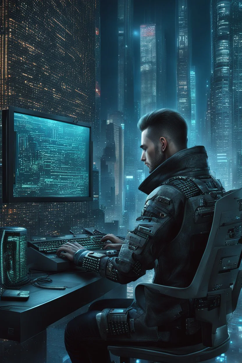 cyberpunk programmer _Cat-human hybrid_Typing_on_computer_background binary codes, surrounded_by_mindent_3D_binary matrix codes and neutron mesh_etheral, Paranoid_sci-fi_in background_a_tall_cyberpunk_city, the cat hacker watchings monitor, Hyperrealistic texture, high detail, Sinister, cold dynamic lighting, dark-neon colors, Ultra_HD_intense_focus