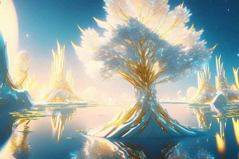 white and gold crystal cosmic and galactic ambiance sky trees river lake surreal scifi futuristic, full of details, smooth, bright sunshine，soft light atmosphere, light effect，vaporwave colorful, concept art, smooth, extremely sharp detail, finely tuned detail, ultra high definition, 8 k, unreal engine 5, ultra sharp focus