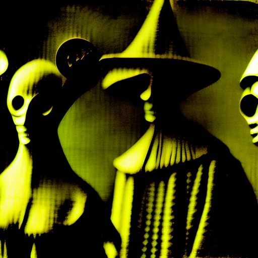 Daguerrotype close up some mysterious figures, odd background, cinematic, Hieronymus Bosch, Max Ernst vegetal life, rotten, ambient light, ghost