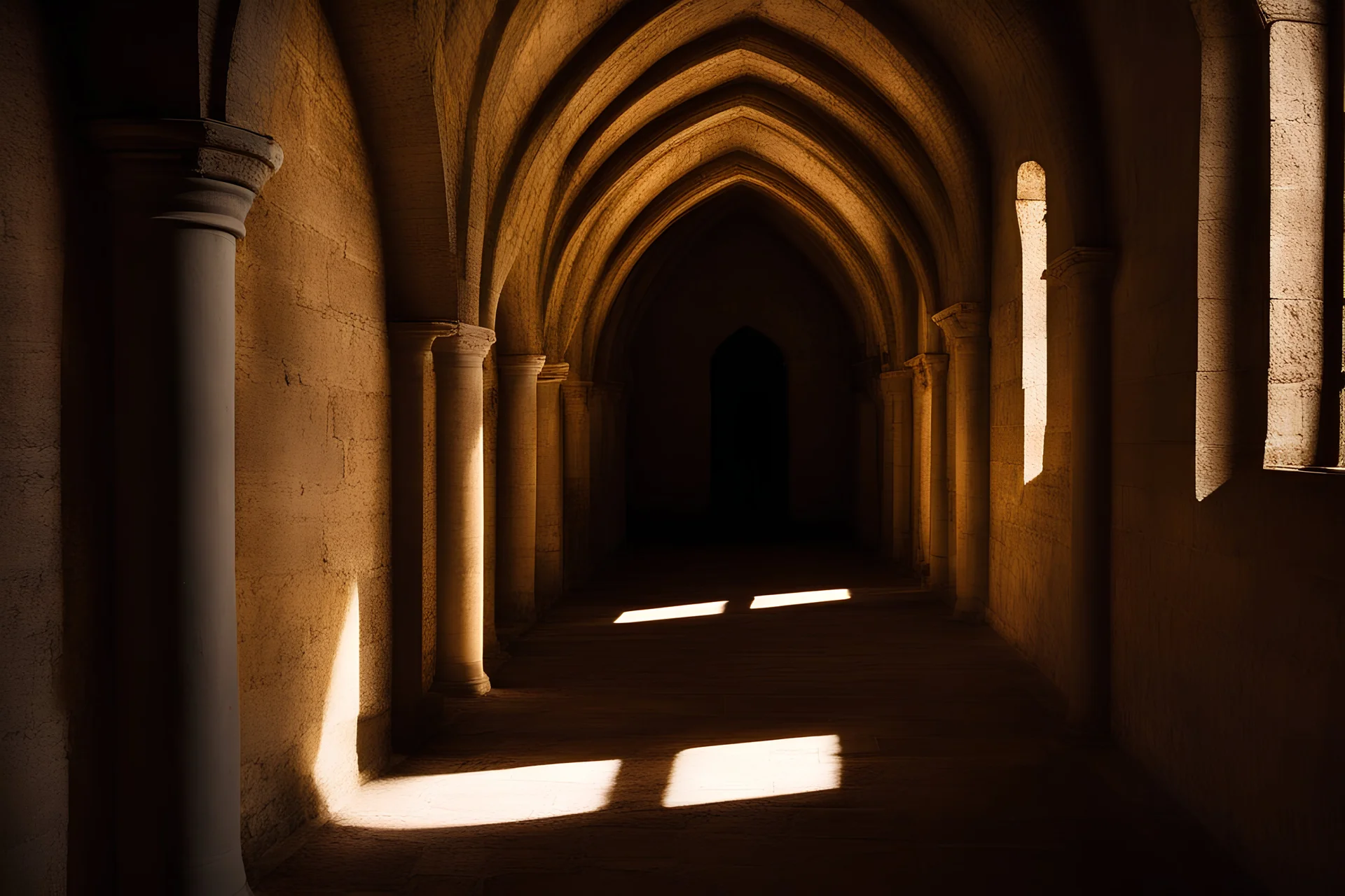 Church interior, corridor, medieval, shadows,