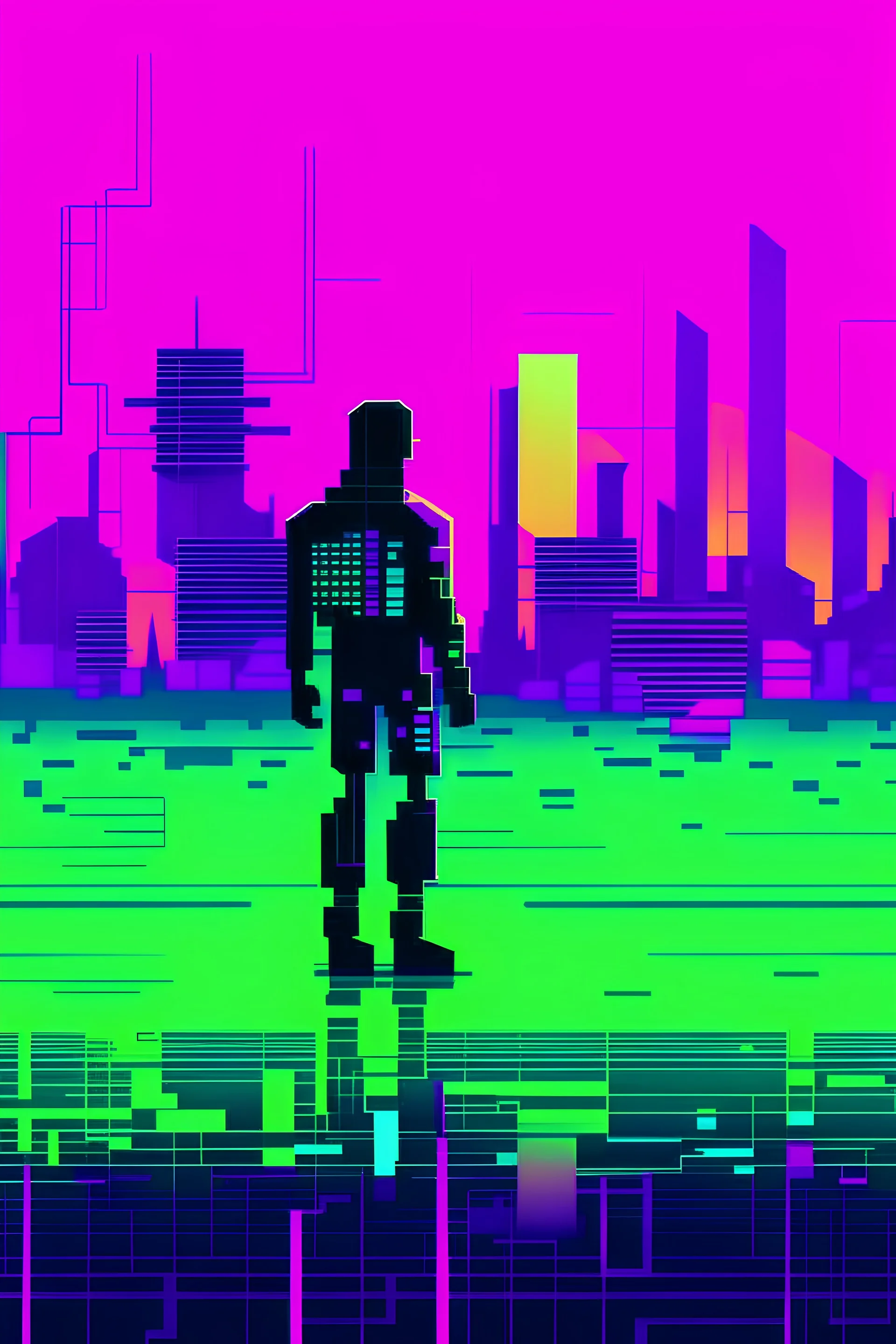 A glitched-out character in a pixelated landscape, flat design, modern, 4k, epic composition, flat vector art illustration, neon green and purple, long shot --no text, fonts, letters, words, watermark, gradient