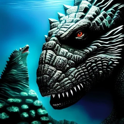 ultra detailed fullbody portrait of Godzilla underwater, extremely detailed digital painting, intrincate, extremely detailed face,crystal clear Big eyes, in the style of rafael sanzio, mystical colors , perfectly centered image, perfect composition, rim light, beautiful lighting, 8k, stunning scene, raytracing