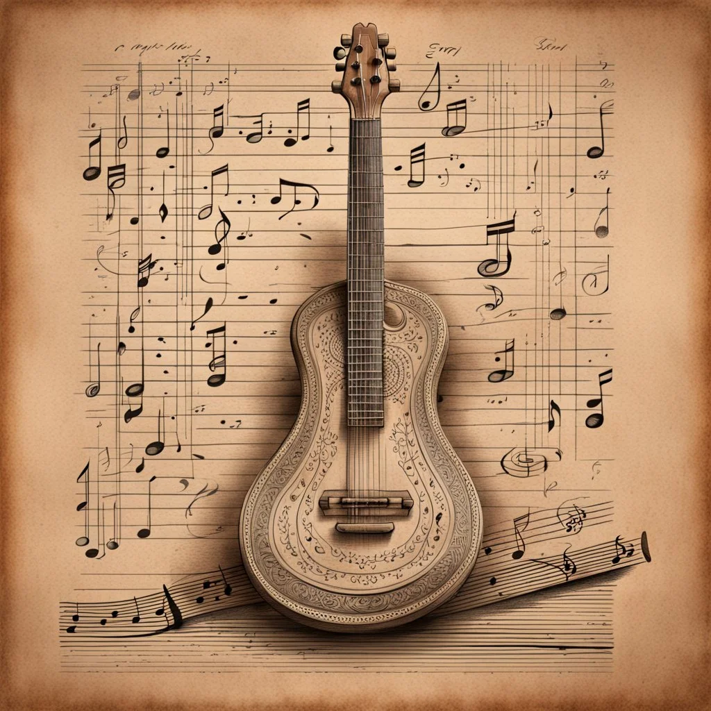 Hyper Realistic Sketch Of Folk Musical Like Sitar On a Vintage Paper with musical-notes drawn.