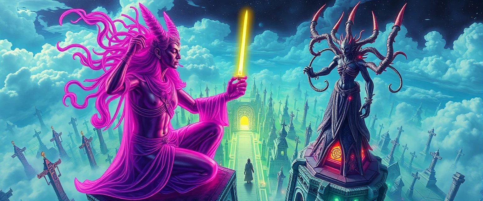 Epic portrait of yoga paladin vs demi-lich in tower cemetery in the style of Giger and Escher in Transparent Psychedelic Fluorescent Colors looking like a Record Cover, multidimensional depth of field, airbrush pen outline, on top of tower, seen from the clouds