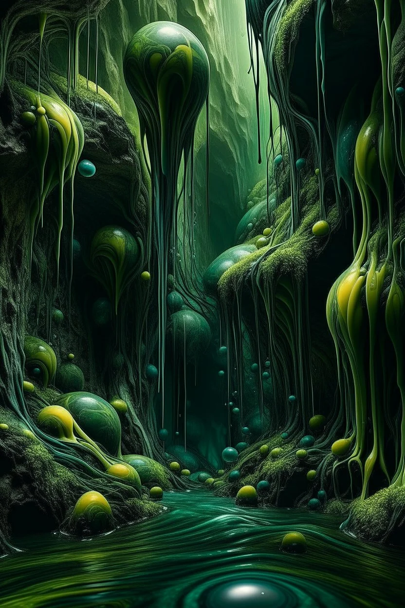 A cave with covered with waterfalls