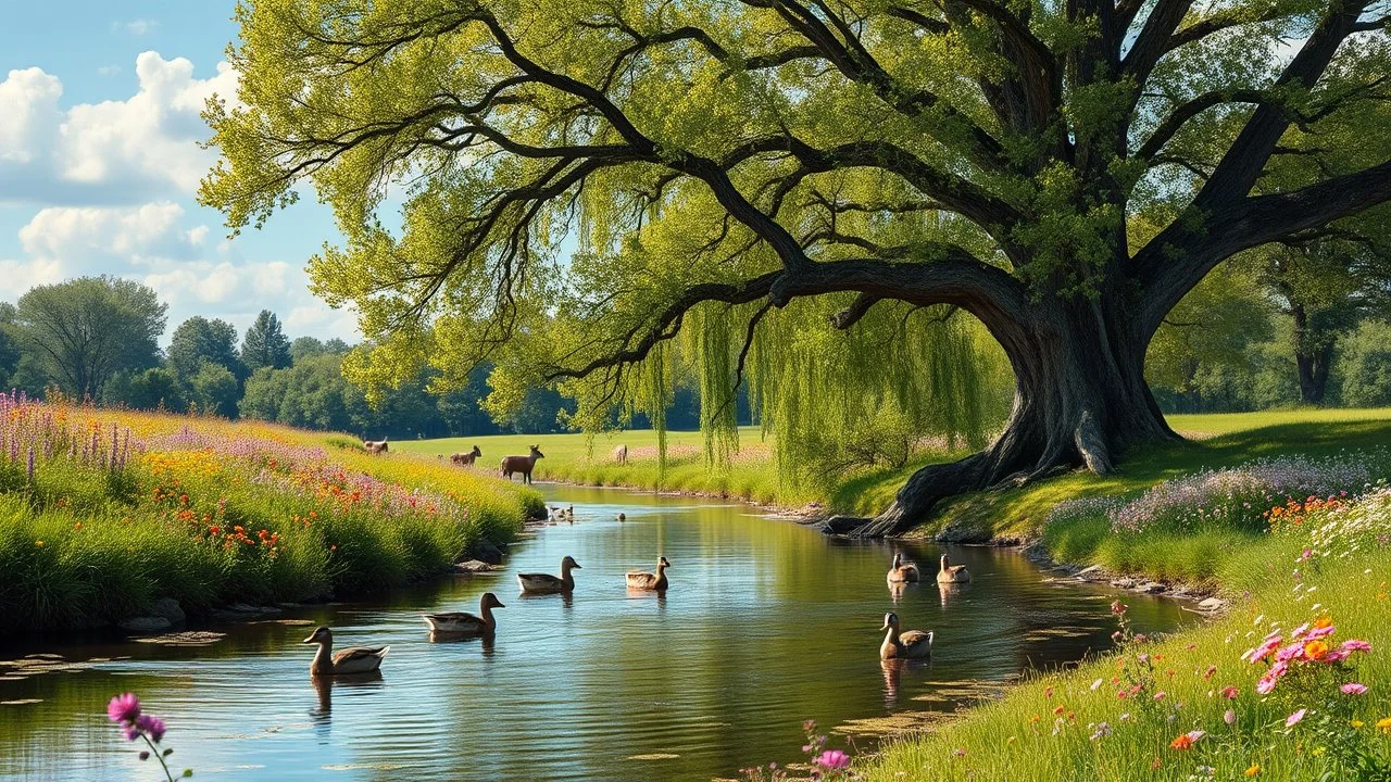 a beautiful river in country side and big tree,wild flowers and ducks and in river few pretty deers,butterflies around flowers,heaven escape