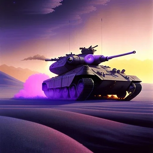 Ralph mcquarrie painting of a Futuristic armored tank rolling over a crater, purple sky, 4k, highly detailed, minutiae, trail with boulders