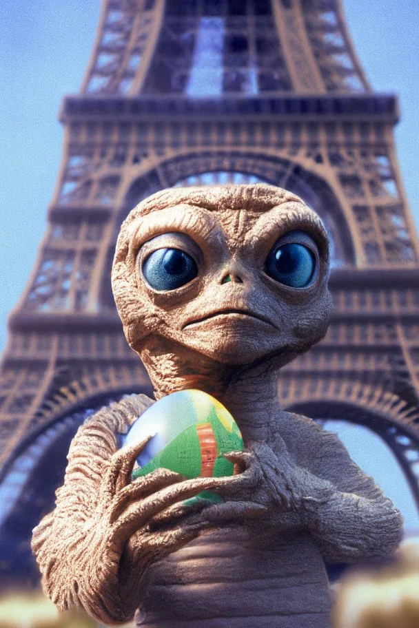 E.T. the Extra Terrestrial holding a decorated Easter egg in front of the Eiffel Tower