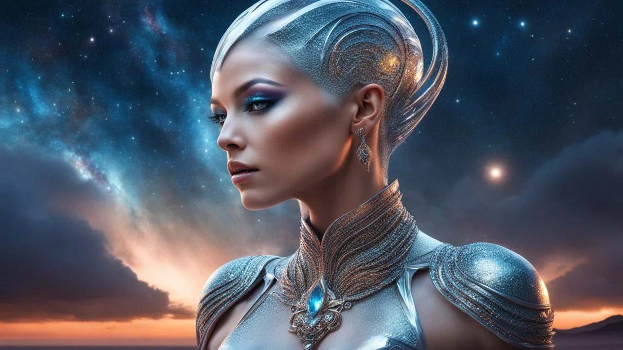 gorgeous female humanoid alien, double exposure, silver skin, slender muscular warrior looking over her shoulder at the sky, tentacles, copper-zinc orichalcum jewelry and piercings, beautiful face, mesmerizing starry eyes, smooth translucent skin, hourglass, glowing, glare, size DD.