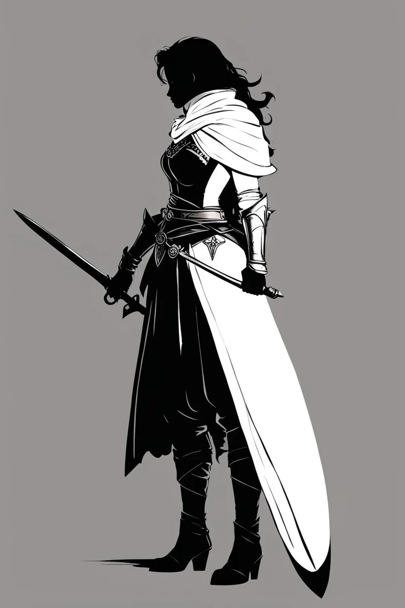 La silhouette d'une femme paladin vêtue d'une tunique en lin, elle s'appuie sur sa longue épée avec ses gants en cuir, elles est de profile, le visage caché par ses cheuveux, elle porte des bottes en fourrure qui montent sur ses mollets.