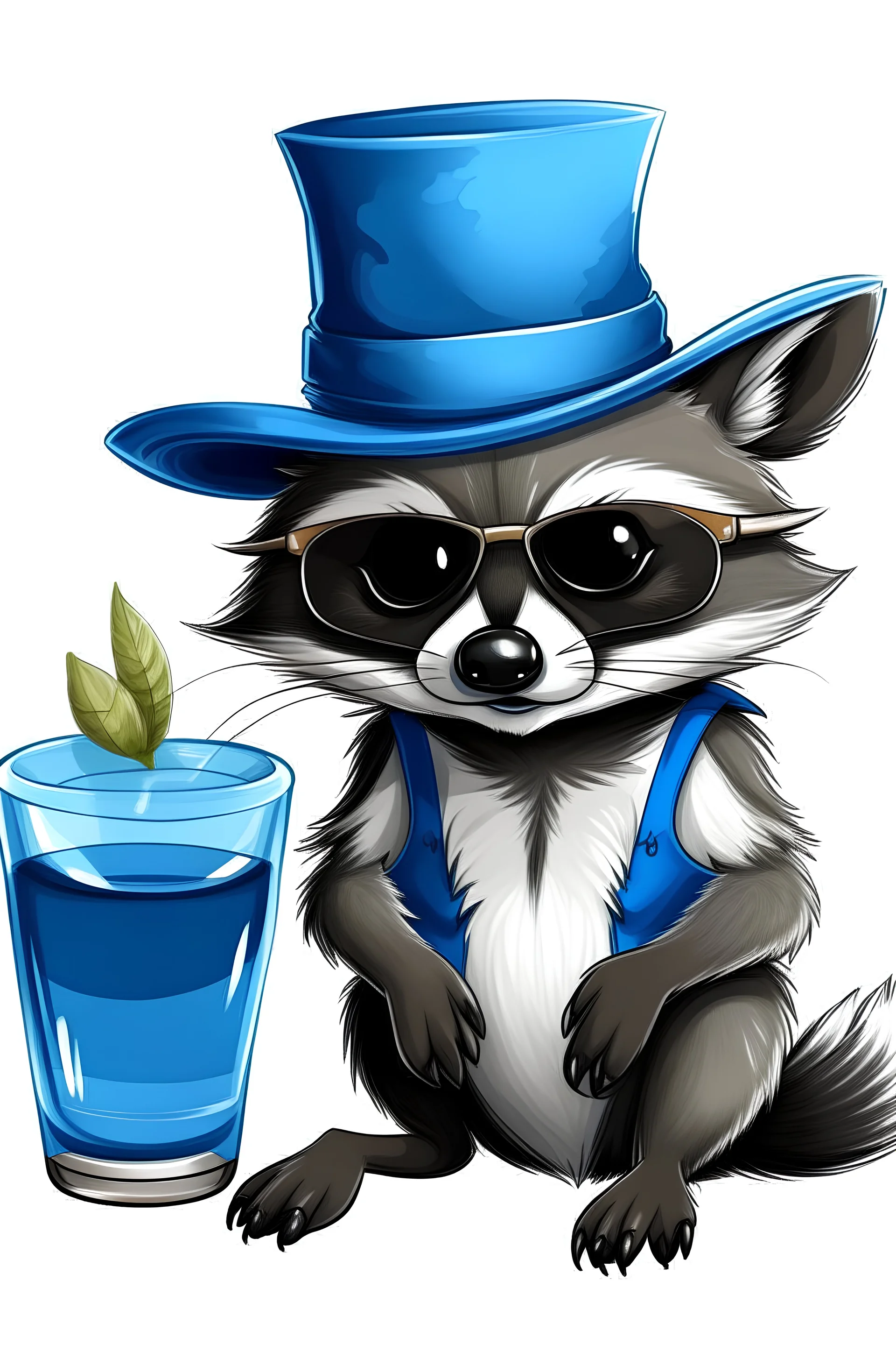 make the drink blue and make the raccoon wear sunglasses and sombrero.