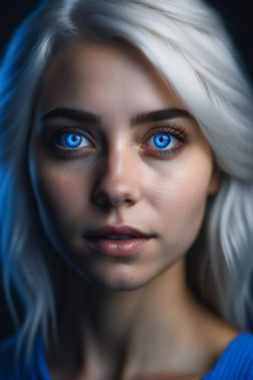 Highly detailed portrait of stunningly beautiful young woman, with white hair and blue eyes 8k, 23 years, three point lighting.