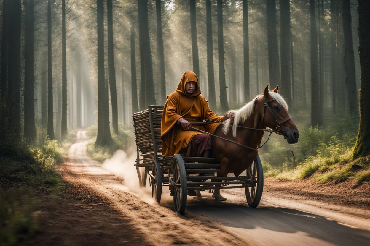 hooded monk driving horse and 2 wheel cart in the forest