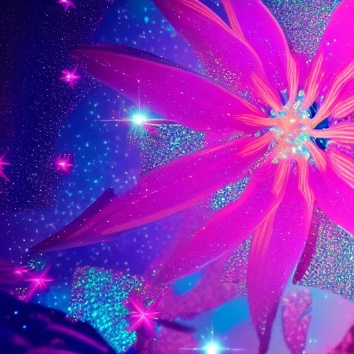 Flower glitter pink and blue in a galactic ambiance, delicate colors in the foreground, full of details, smooth, light effect，vaporwave colorful, smooth, extremely sharp detail, finely tuned detail, ultra high definition, 8 k, unreal engine 5, ultra sharp focus