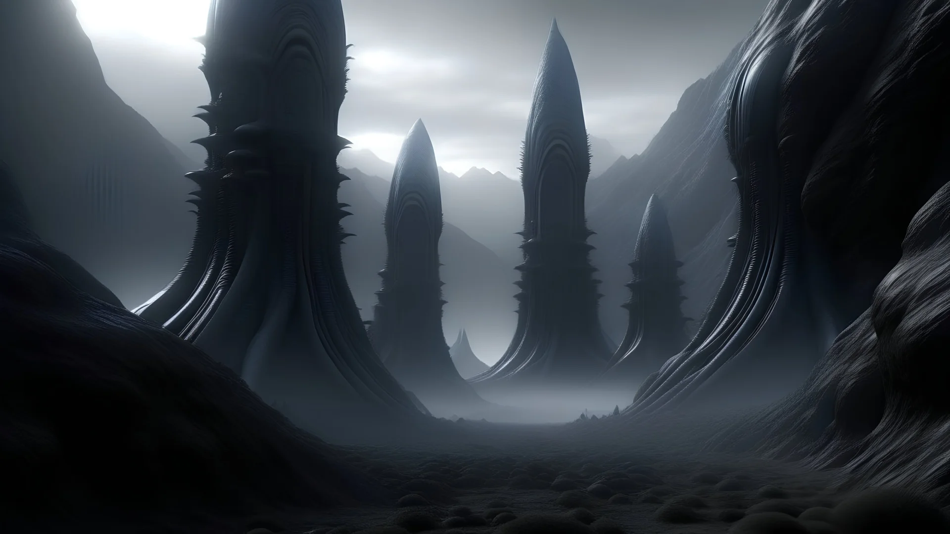 Ethereal, haunting extraterrestrial landscape in the style of H.R. Giger, dark palette, alien flora, misty atmosphere, otherworldly creatures hidden in shadows, vast expanse of eerie terrain, 8k resolution, surreal elements, alien architecture --s 150 --ar 16:9 --c 5 Copy All