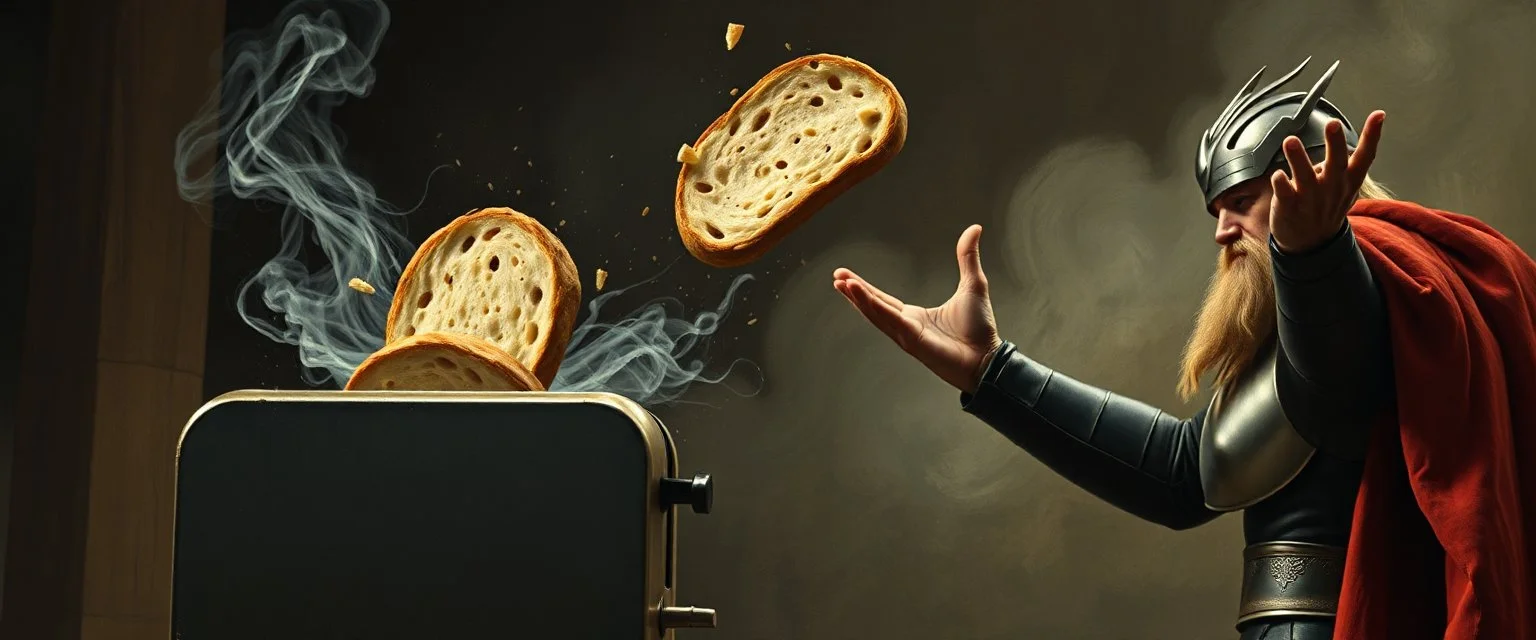 The mighty God Thor sees the toaster spit out some bread. The bread is jumping over his head. In the style of Rembrandt and Fallout 4