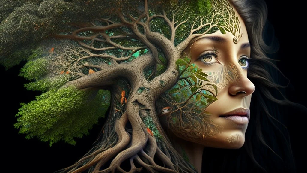 woman and tree mixed into one beautiful creature, intricate details, masterpiece, 3d, 64k, high resolution, high detail, computer graphics, hyperrealism, f/16, 1/300s. digital painting