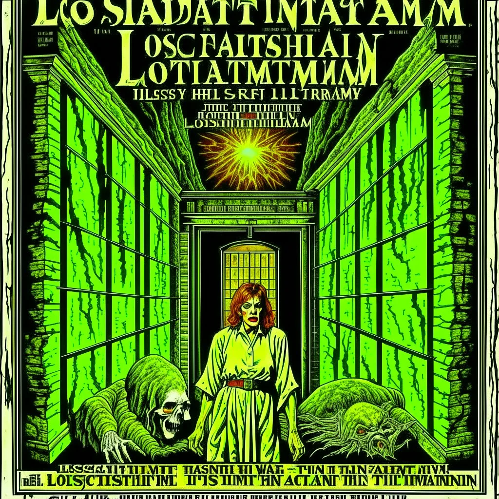 With the words "DR. LOCRIAN’S ASYLUM" on it, 1989 Cosmic Horror movie poster about the deconstruction of a sanitarium and the madness set loose by THOMAS LIGOTTI, Vintage Movie Poster art, dramatic retro psychological horror poster art, by Drew Struzan, by Godmachine, creepy, deep colors, movie credits listed on bottom.