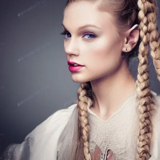 beautiful young queen with white armor, delicate white braided hair with ponytail, glass eyes, highly detailed, 8k, ambient light, taylor swift