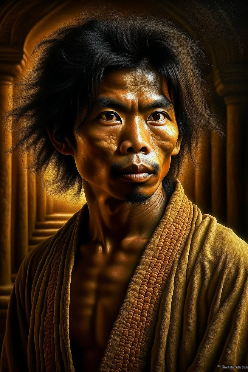 the style of ong bak,upper body,Robert Matthew Van Winkle was raised in a secluded monastery, where the tiger monks devoted themselves to the study of ancient martial arts and the pursuit of inner peace. He was an orphan, brought to the monastery's doorstep as a baby, and the monks raised him as one of their own. photorealism, depth of field, lightrays, downligh, anime