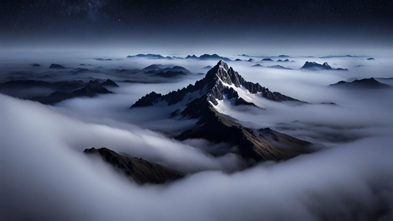 looking down from space at a misty mountain coming through the mist and surrounded by the mist at night starry sky