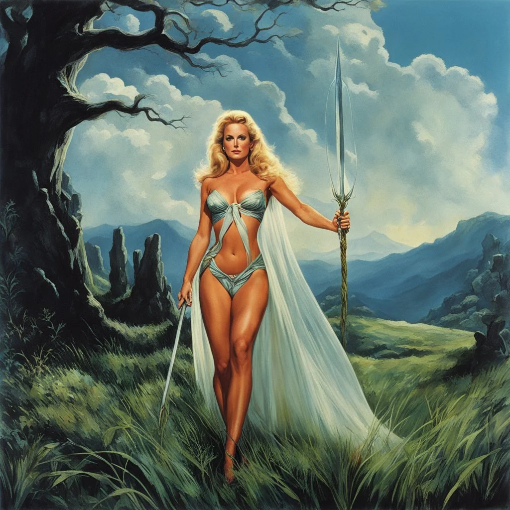 [Jason and the Argonauts (1963)] Stormy Daniels as a witch, resplendent in her ethereal form, standing amidst a lush meadow. As she graces the Earth with her presence, the grass beneath her bare feet shivers with mystical energy.From the smallest blades of grass to the towering trees, each living entity joins in a symphony of praise for the Earth. The flowers burst forth in vibrant colors, their petals unfurling like delicate brushstrokes upon nature's canvas. Inspired by the words of the transl