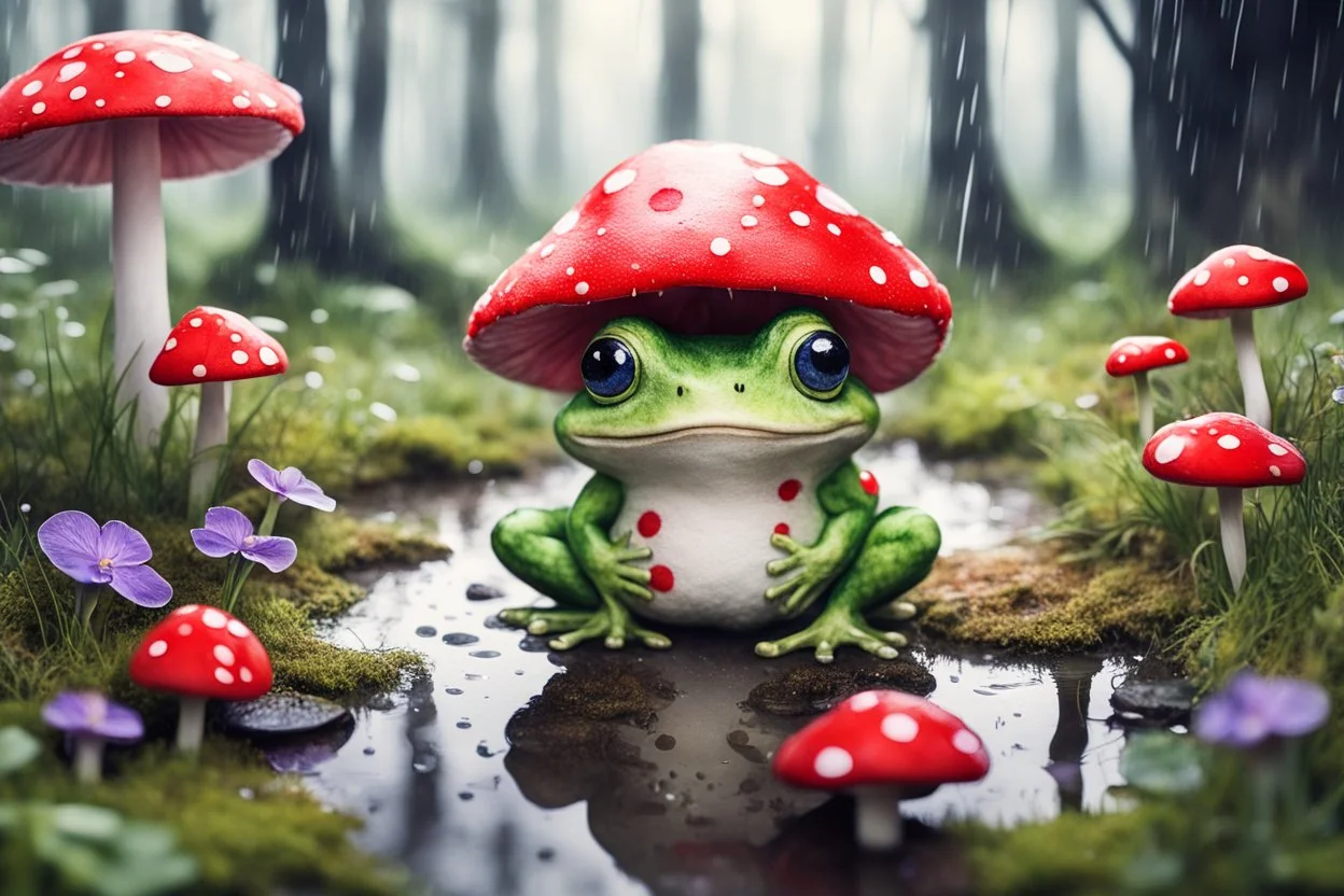 3D close-up of a very cute fluffy plushy chibi plush frog hiding from the rain under a red white spotted mushroom in the forest, puddles in front, grass and violets next to him, 3d effect melting watercolour on wet inked paper, black ink outline in sunshine, ethereal, cinematic postprocessing