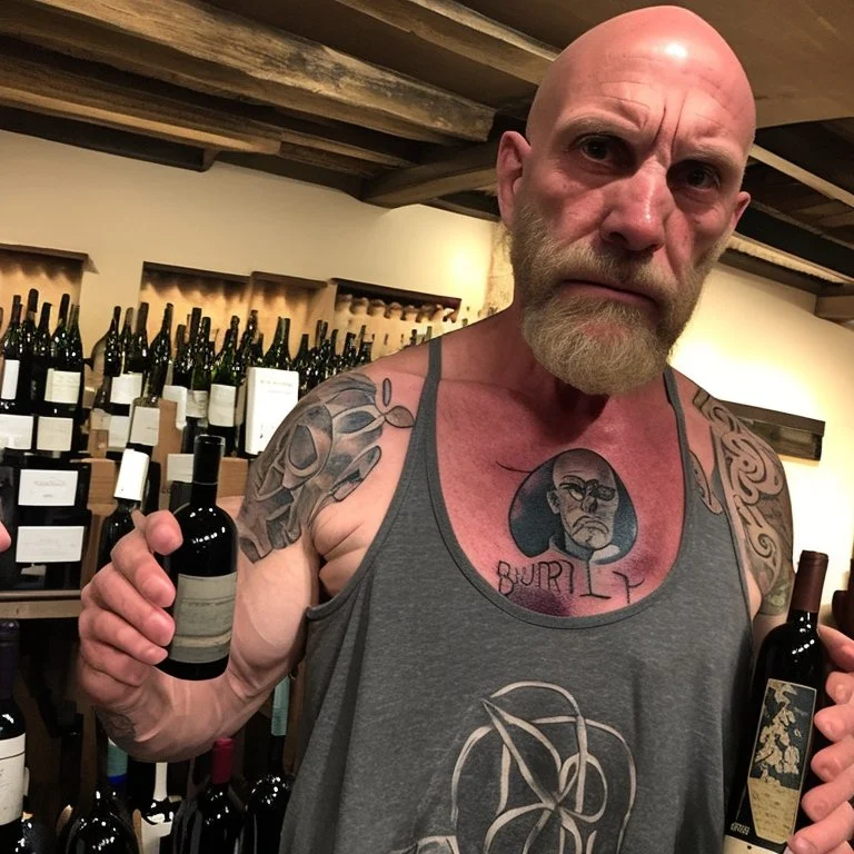 burly ugly 58 year old man bald with short beard and tank top tattoo chooses a bottle of wine in a cellar full of wine bottles dramatic light angry eyes highly detailed