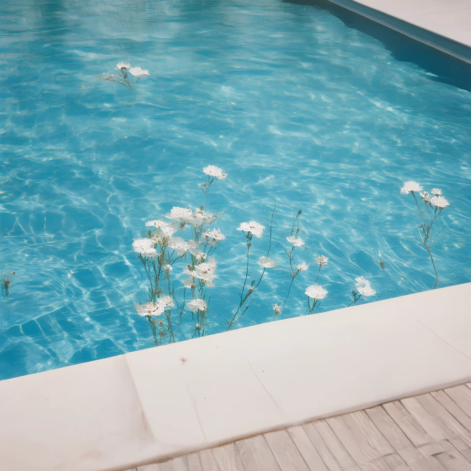 Gypsophila flowers in a sunny swimming pool, polaroid