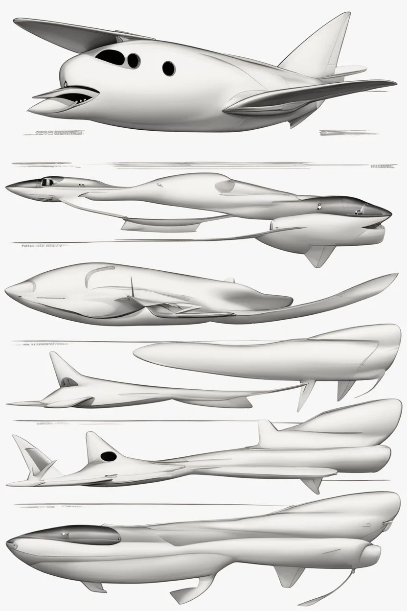 aeroplane inspired by shark with side view , quarter view and front view