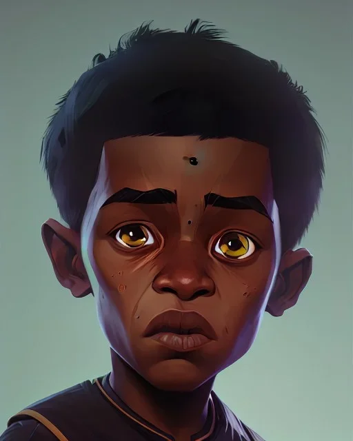 Portrait of a gorgeous black skinned toddler warlock boy with dark hair by Jim Kay