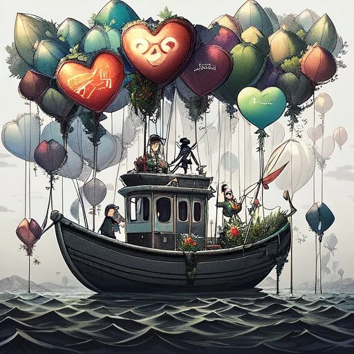 Abstract mixed media kintsugi art in intricately detailed and textured Seth Apter, Ernst Haeckel, Peter Wileman and John Hoyland style: "Fishing flying mantarays, fisherboat carried by heart-shaped balloons, overgrown with foliage and dangling vines, in an enchanted, magical, misty caribbean seascape, with colourful Yayoi Kusama textures, rainbow bubbles, in the clouds." Contemporary Art, incorporating collage and graphic shapes, with figurative and enchanted, mystical elements. By Susanne.