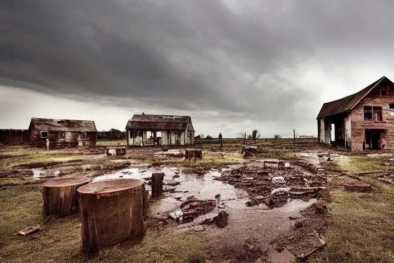 Old farmhouse, wasteland, storm, ruins, rain, craters, stumps, biohazard