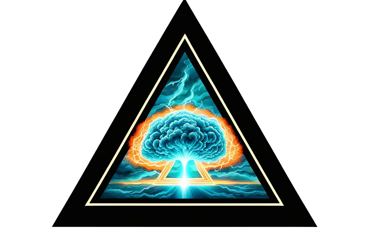 a nuclear explosion cloud, behind an orange glowing omega like shape, all inside an equilateral triangle, radiant lines, digital painting