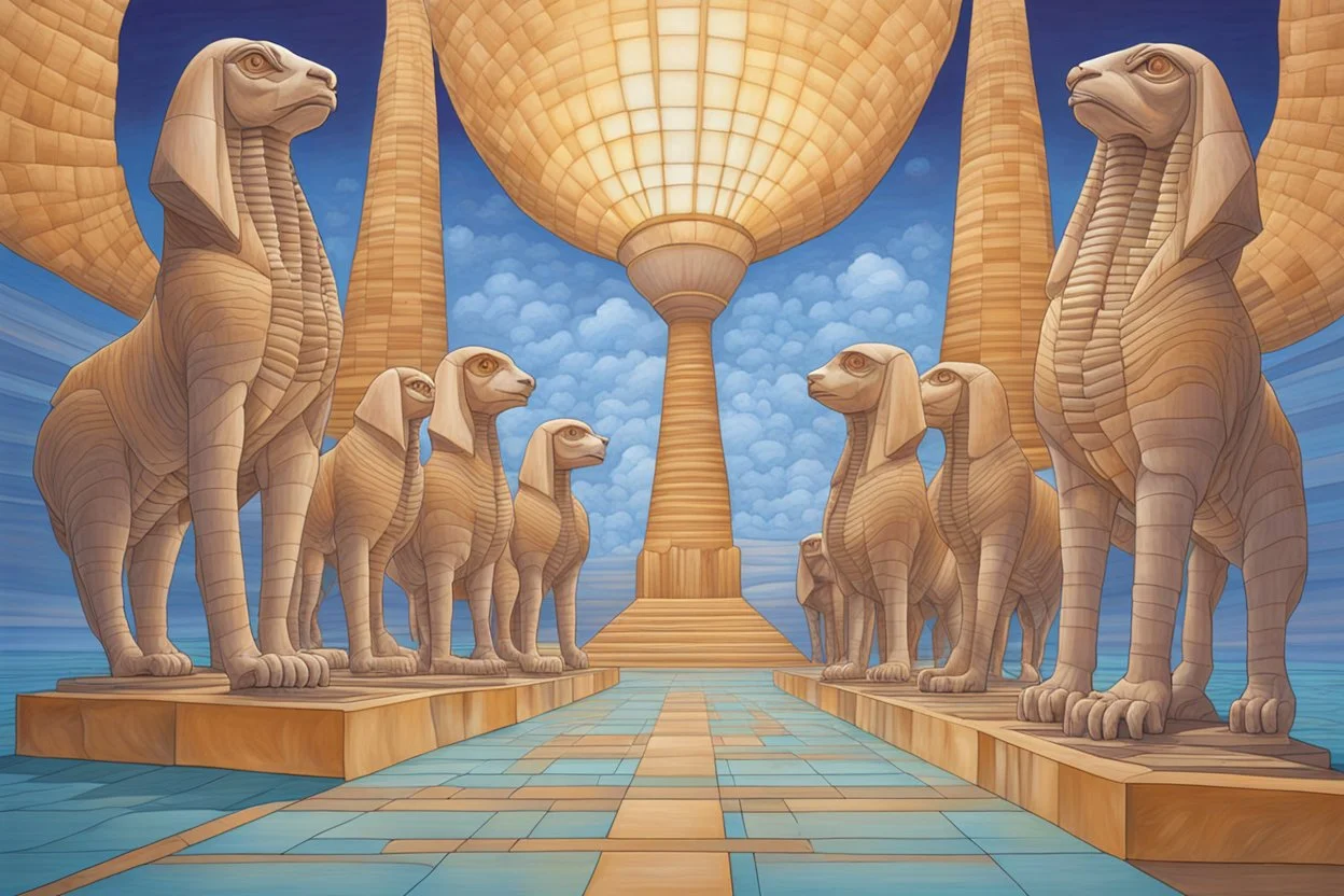 the alley of Egyptian glass sphinxes made of glass on the planet Gliese by artist "Dale Chiluhy", perspective, vanishing point, symmetrical