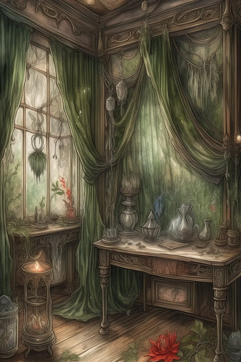 english watercolor, witch's boudoir, mirror, curtains, cobweb, filigree, dried flowers, textiles, candle, magical lighting effect, fairy tale illustration, fine drawing of details with colored pencils, grunge, high resolution, high detail, dark fantasy, dark botanical, beautiful, ISO 100, pixel graphics, hdr, emerald colors, beige, red, deep blue, umbra, grey, dusty rose, gold