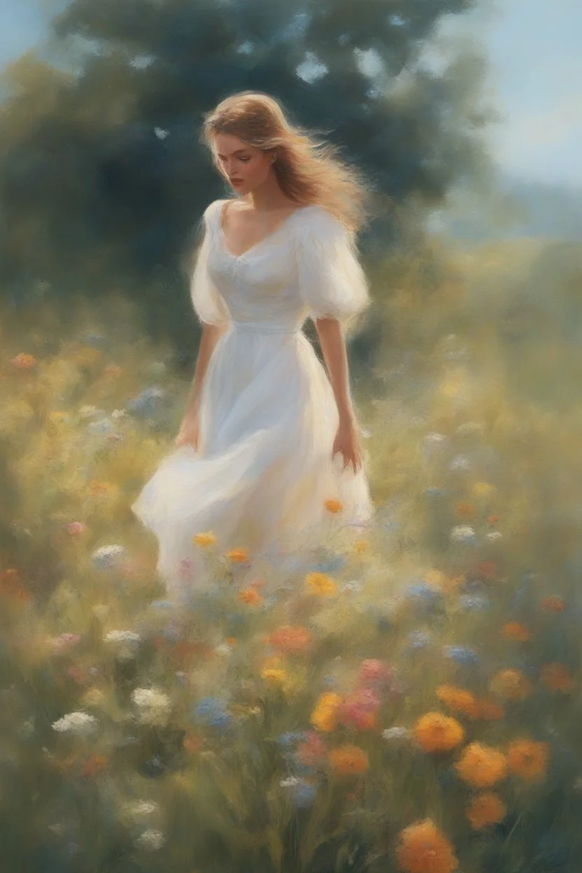 Fantasy illustration, Oil painting style, a sunlit meadow with wildflowers flowing in the wind, extremely beautiful girl in a white summer dress standing there enjoying the warmth of the sun, hands playing with the flowers, playful atmosphere, detailed illustration, beautiful color palette, incredible details, in the style of Leonardo Da Vinci, oil painting, heavy strokes, paint dripping