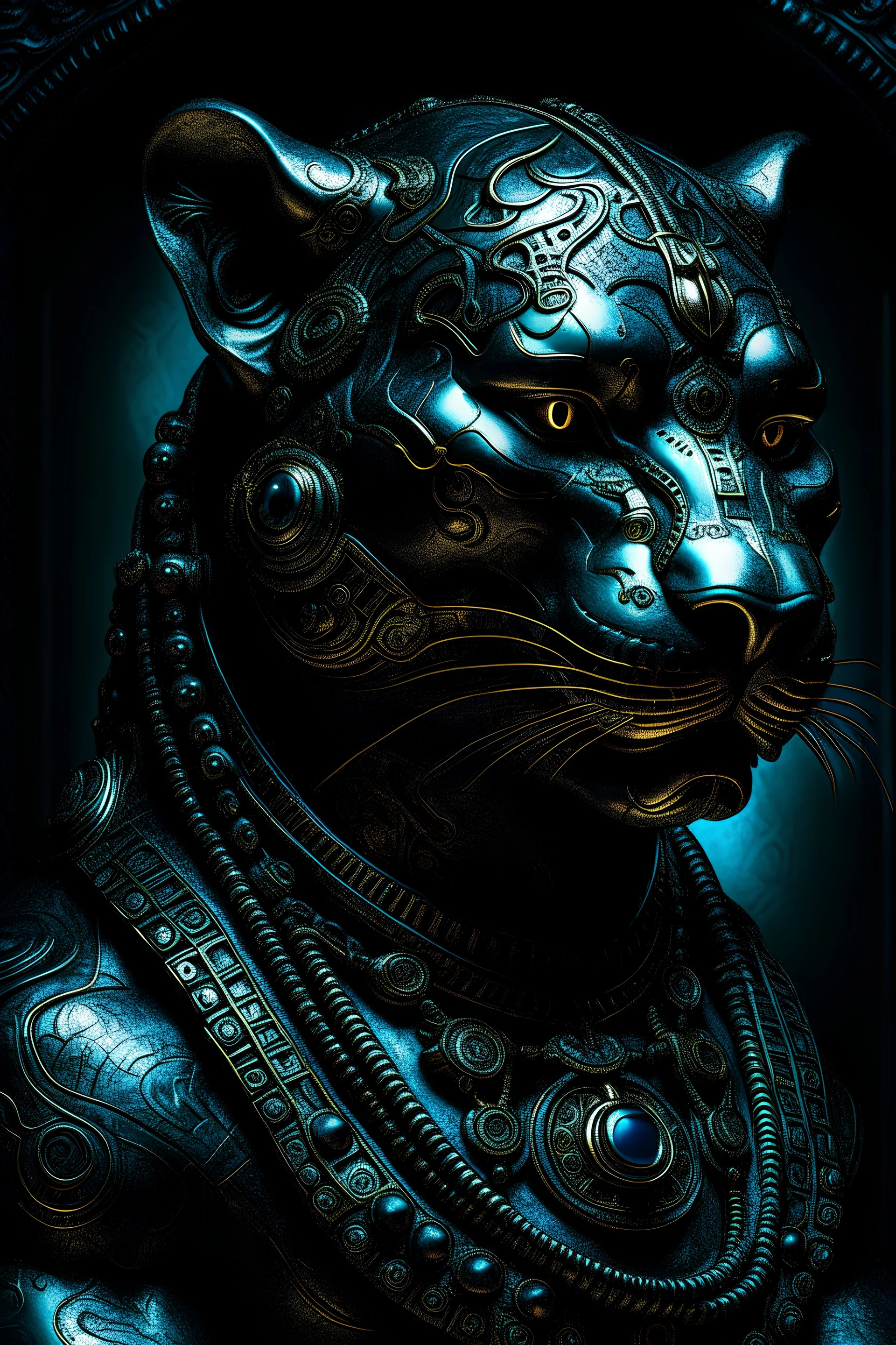 Ancient black panther god, golden feligry, engraved ancient ornaments, Beautiful: by N. C. Winters and Giuseppe Arcimboldo: gustav doré: Amanda sage: Matt hubel: professional photography: Vladimir manyukhin: Dan mumford Holographic moody: imposing: arcane: ethereal: magnificent: cinematic: masterpiece: divine: amazing depth of field: beautiful nature: 8k resolution