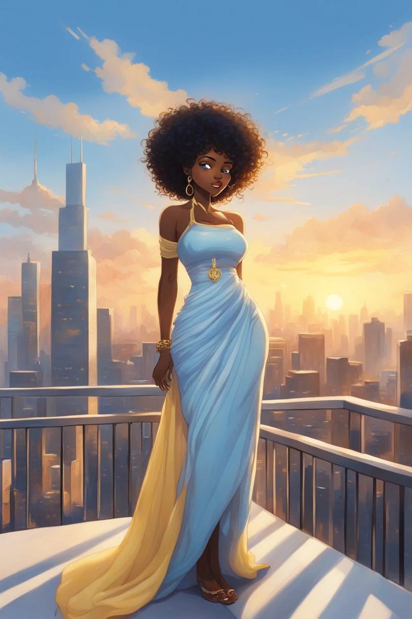 The scene opens onto a serene balcony overlooking a bustling city skyline. The sky above is painted in soft hues of blue and yellow as the sun begins its descent, casting a warm glow over everything it touches. In the foreground stands a captivating figure, airbrush chibi cartoon curvy black woman exuding confidence and elegance. She is adorned in a flowing white knit maxi dress that hugs her curves in all the right places, accentuating her silhouette. Her choice of footwear is equally stunning