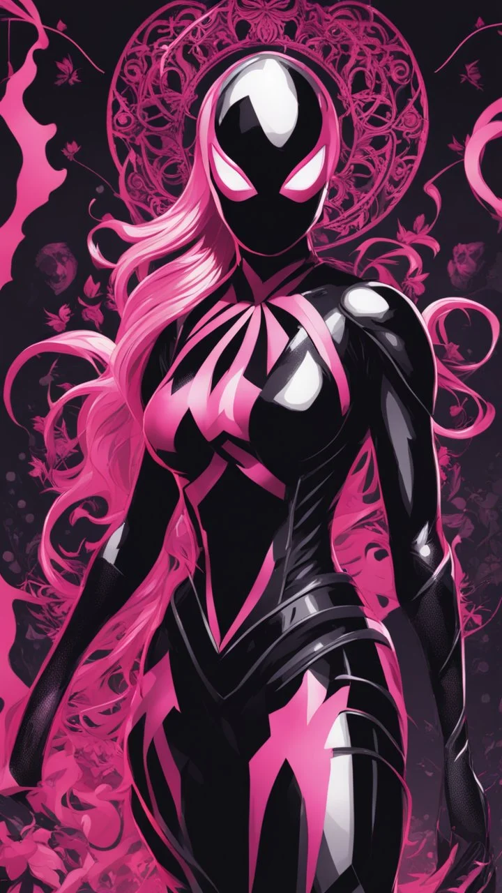 A close picture to Mix between gwenpool and symbiote, symbiote mask, pink and black custom, intricate details, highly detailedin in solo leveling shadow art style