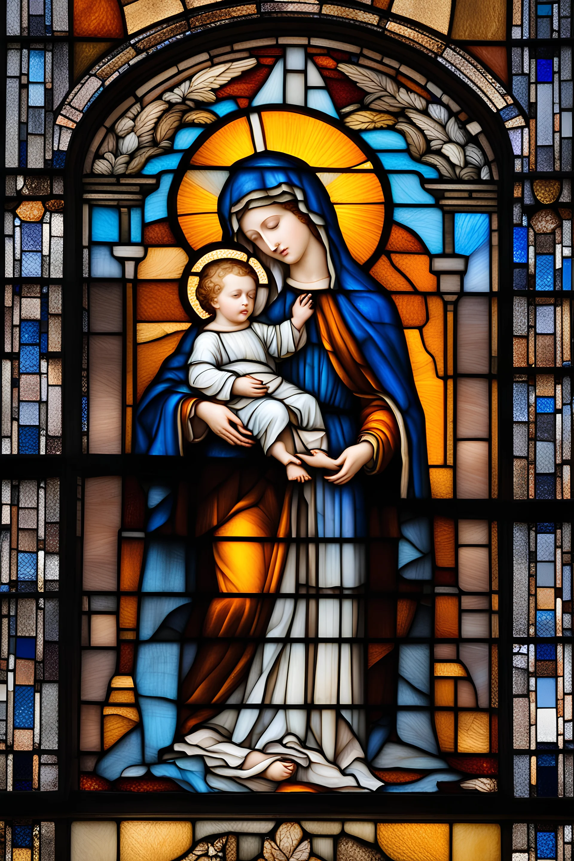 a multicolored, stained, spectral, glass fragment, Mother Mary holding baby Jesus