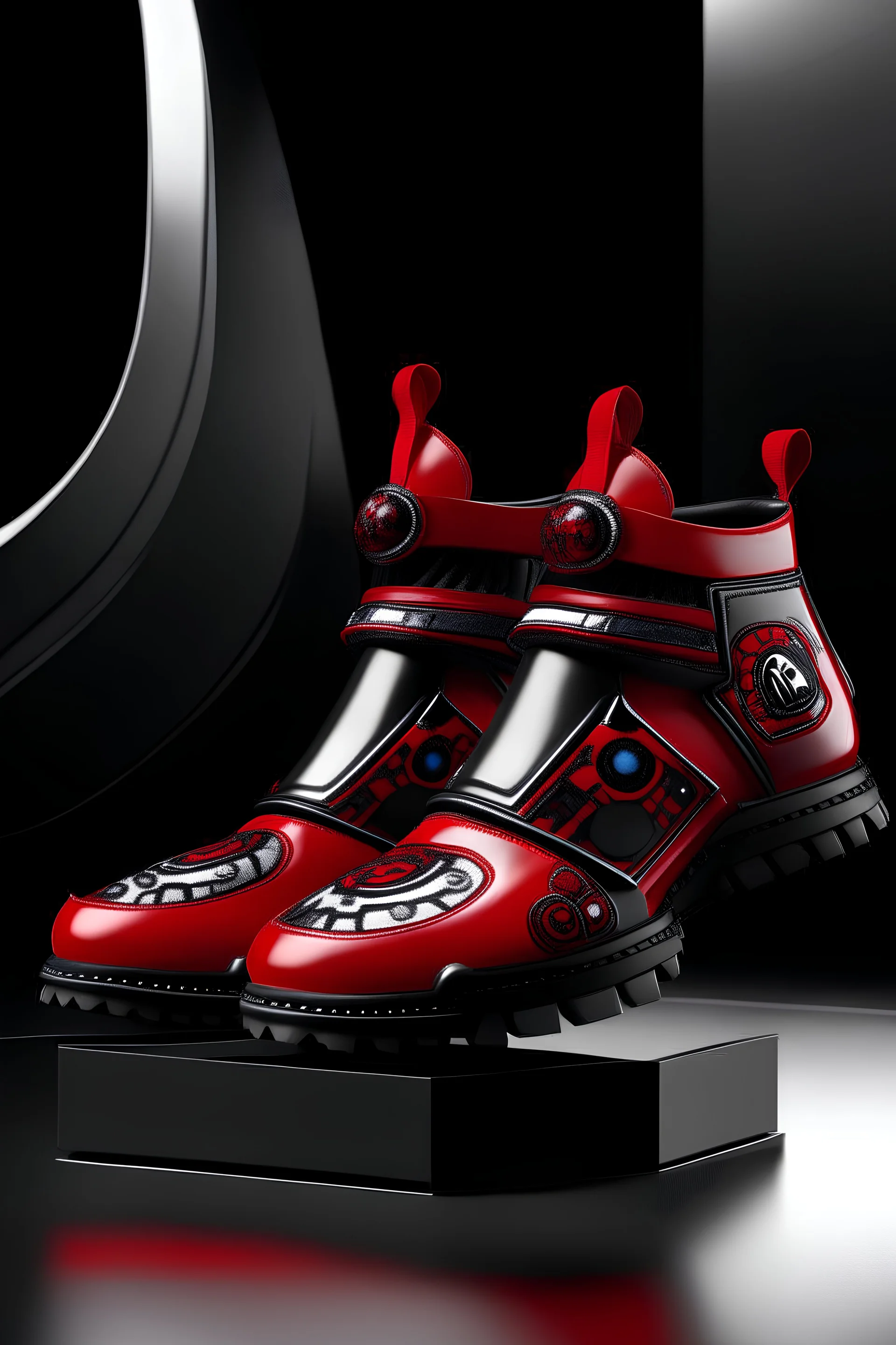 A futuristic black, red and chrome low top boot based on hungarian traditional folk art