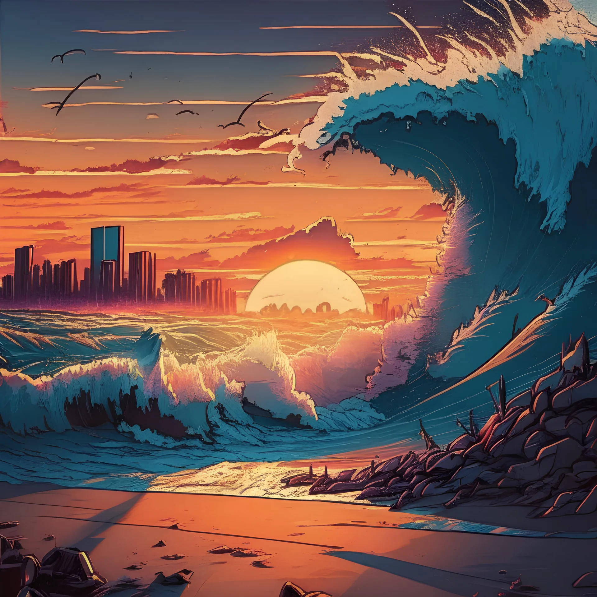 from sandy beach the biggest waves of the ocean can be seen splashing morning sunrise in vampire city cartoon